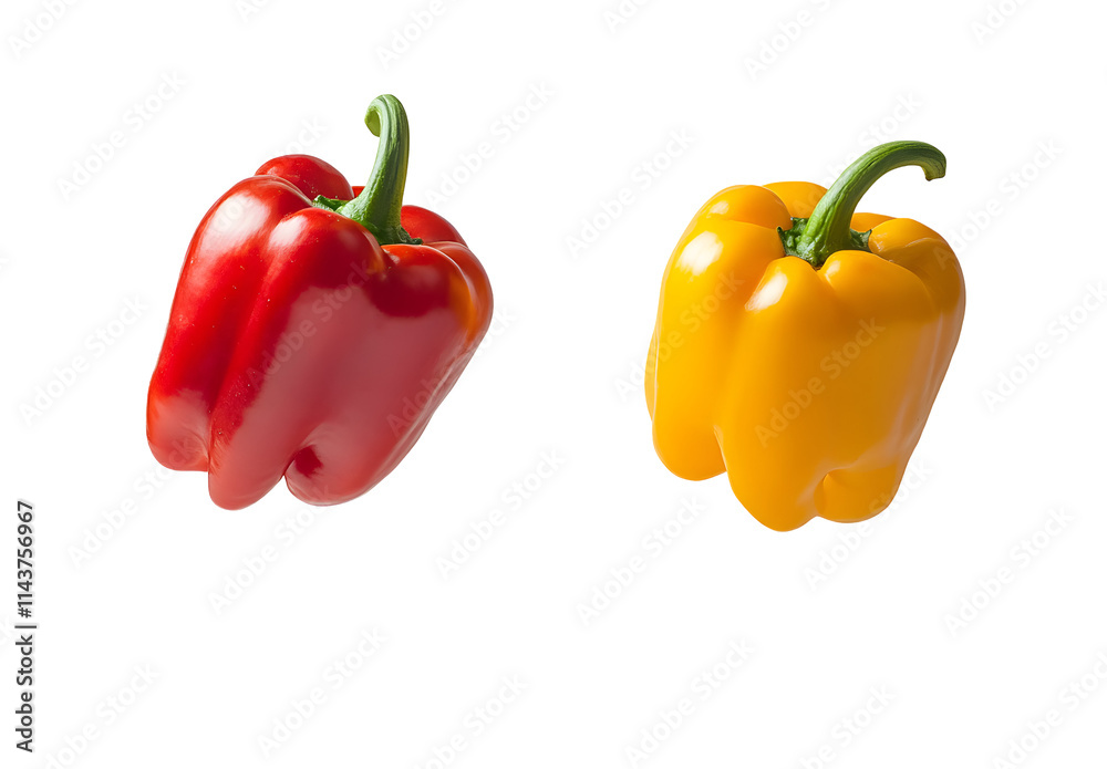 Red and Yellow Bell Peppers Float, Isolated on White Background