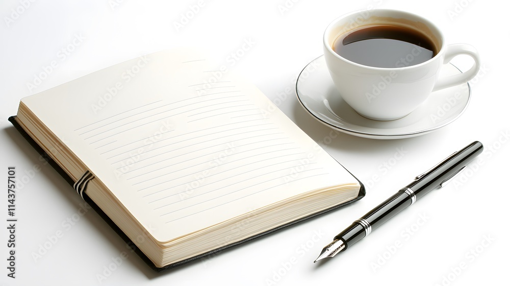 Blank journal open on a desk with a pen and cup of coffee beside it representing the start of fresh ideas Blank journal open on a desk with a pen and cup of coffee beside it representing the start of fresh ideas