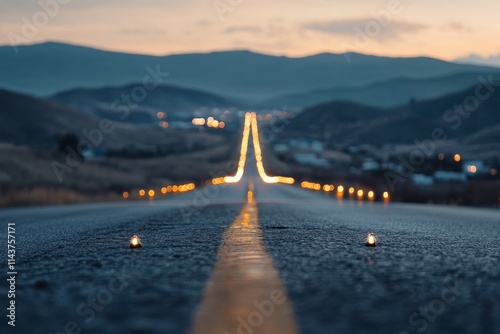 A seemingly infinite road illuminated by delicate solar lights stretches into the mountainous horizon, illustrating a journey into the peaceful twilight wilderness. photo