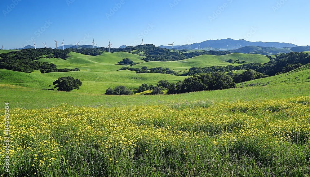 Serene landscape of wind turbines on green hills, spinning under a clear blue sky, showcasing renewable energy and sustainable living Serene landscape of wind turbines on green hills, spinning under a clear blue sky, showcasing renewable energy and sustainable living