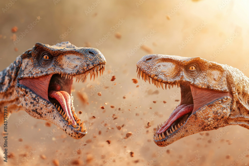 Fototapeta premium Dramatic encounter between two roaring dinosaurs in a dynamic landscape.
