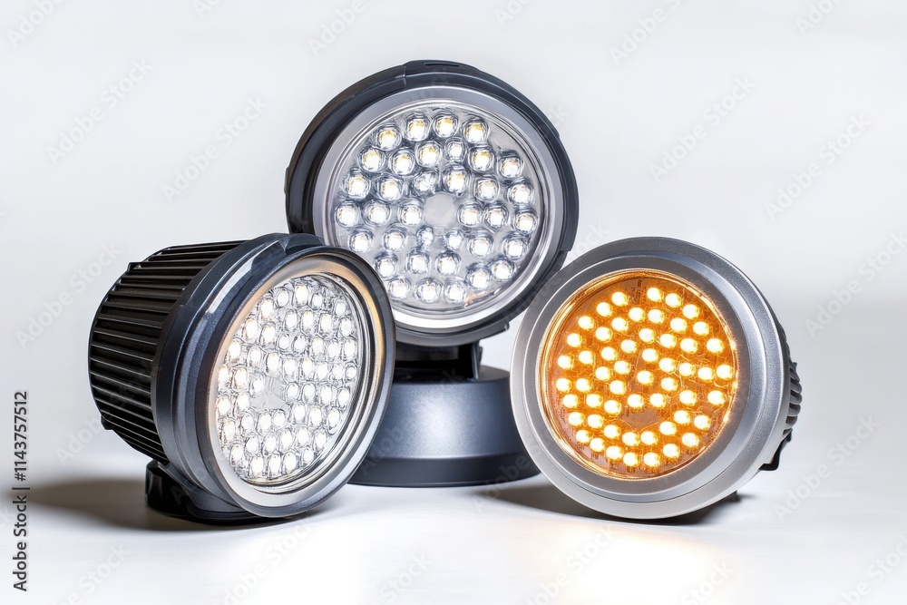 A collection of four LED floodlights of varying sizes A collection of four LED floodlights of varying sizes