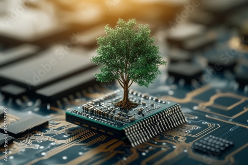 A small, vibrant tree emerges from a flat circuit board, encapsulating the interplay between nature and technology, highlighting sustainability and technological growth. photo