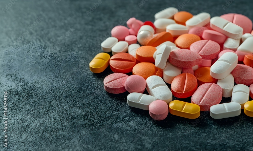 Close-Up of Various Pills and Capsules on a Dark Table Surface Close-Up of Various Pills and Capsules on a Dark Table Surface