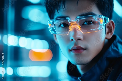 A young man wearing futuristic transparent glasses, illuminated by bright neon lights, symbolizes innovation and modern technology in a digital world setting. photo