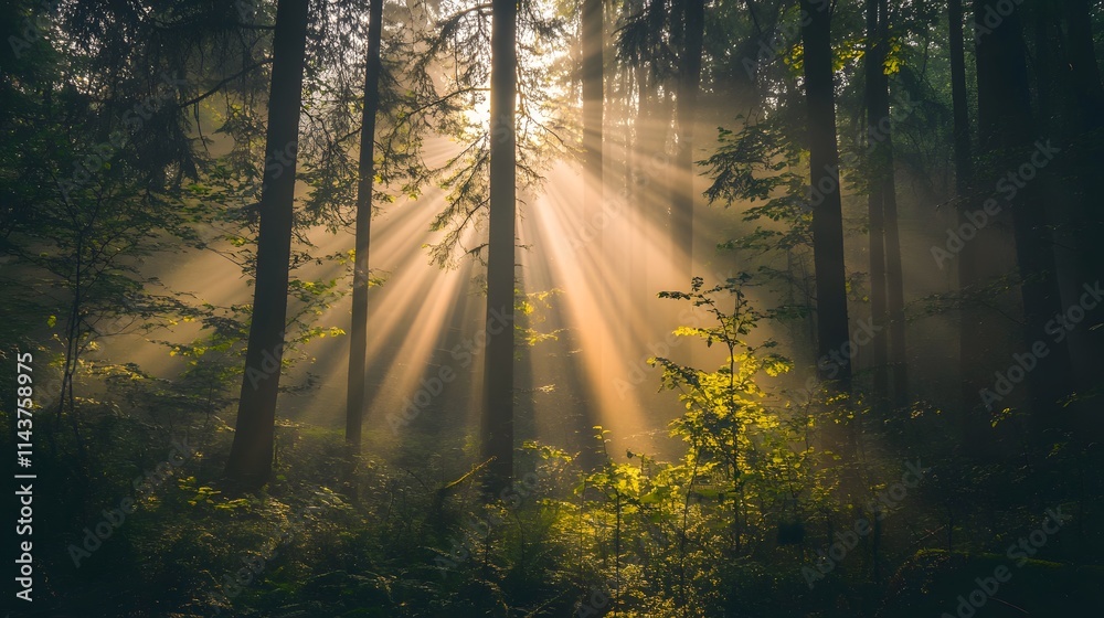 Obraz premium Sunbeams Illuminate Misty Forest Trees