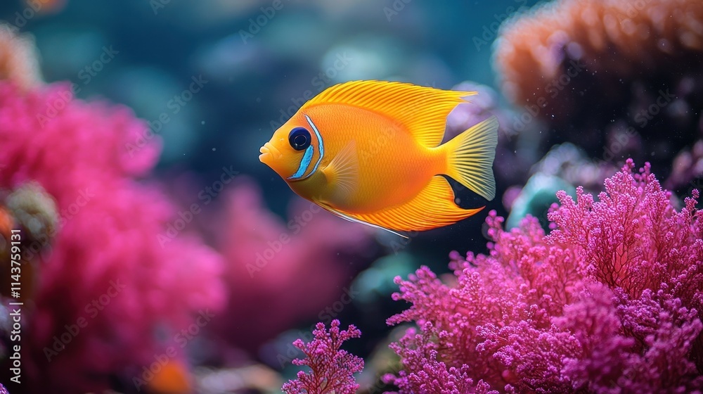 Obraz premium Vibrant orange fish swimming amidst pink coral reef.