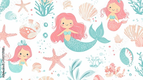 Charming Seamless Pattern Featuring Colorful Mermaids, Seashells, Coral, and Ocean Elements Ideal for Children's Decor, Fabric, and Underwater-Themed Projects