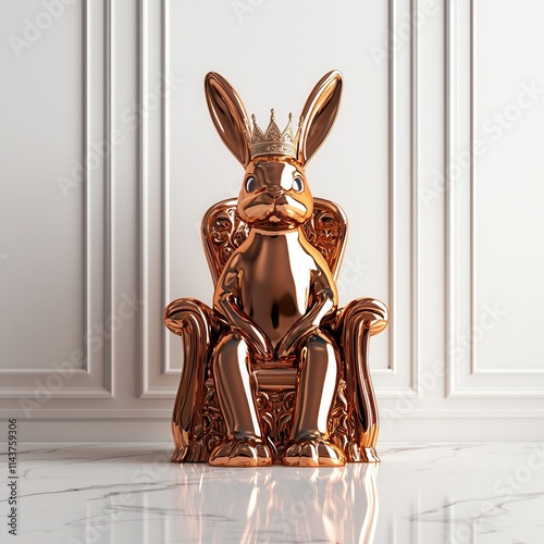 A metallic rabbit sculpture with a crown sits regally on an ornate throne, showcasing a blend of modern design and playful elegance. photo