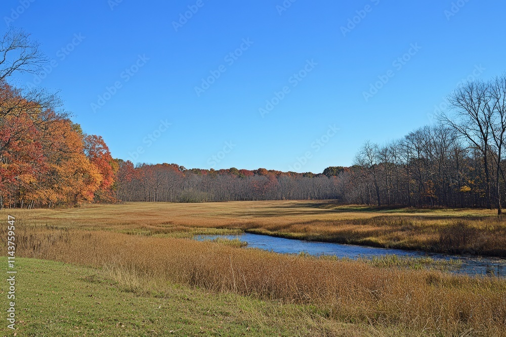 Fototapeta premium Autumnal Stream Flows Through Golden Meadow And Woods