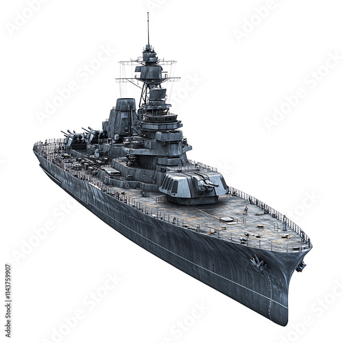 Detailed 3D model of a navy battleship showcasing intricate design and structure. Ideal for maritime, military, and technology themes.,transparent background