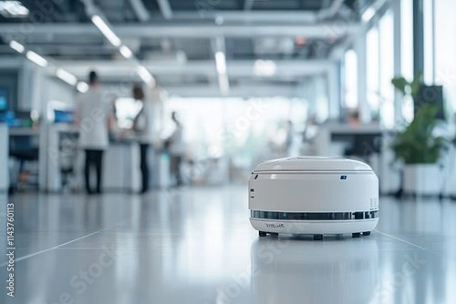 A sleek robotic vacuum maneuvers effortlessly across a shiny office floor, hinting at automation and efficiency in a clean, tech-driven workspace environment. photo