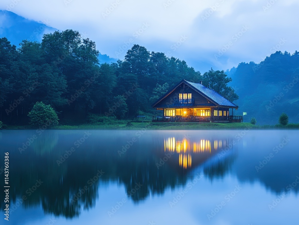 Obraz premium Serene Lakeside Cabin Retreat at Twilight Golden Hour