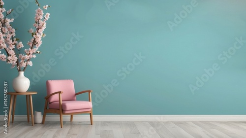 Pink armchair floral vase teal wall room decor photo