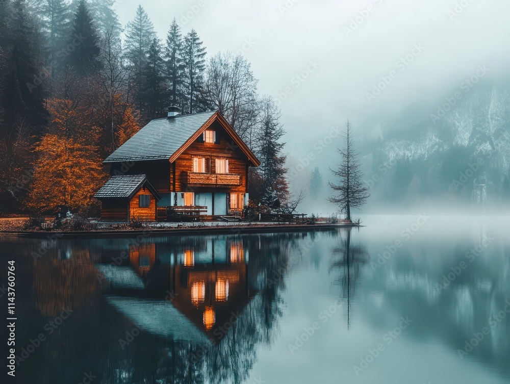 Fototapeta premium Misty Lakeside Cabin Retreat Serene Autumn Landscape Photography