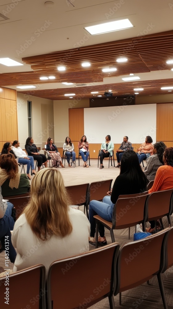 Obraz premium Dynamic panel discussion engages audience in Texas community center on local issues