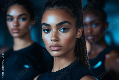 A determined young woman in a sporty setting, backed by two peers, all dressed in athletic gear. Their expressions convey strength, focus, and determination.