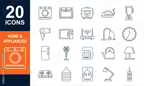 Home appliances set icon. Refrigerator, hood, toaster, microwave, scale, blender, washing machine, stove, oven, cooktop, household, kitchen, electric, appliance, kitchenware, electronic