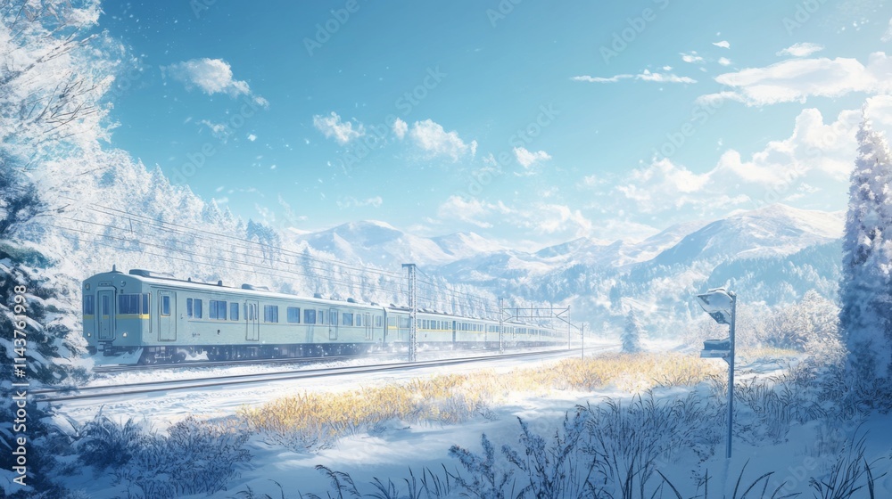 Obraz premium Scenic winter train journey through snowy mountains.