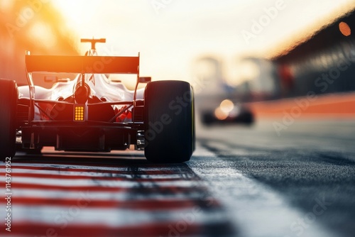 A race car zooming down a track under the setting sun, capturing the speed, precision, and thrilling competitiveness of motorsport, with a blur of motion.