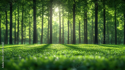 Sunlit green forest with lush grass. photo