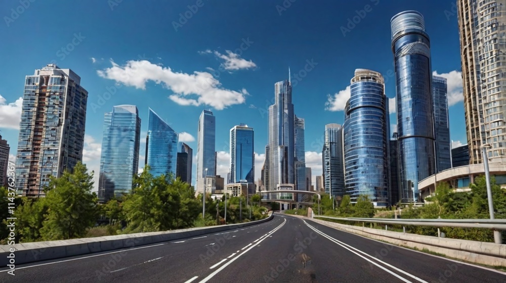 Naklejka premium road city skyline outdoor landscape blue sky, modern city commercial buildings scenery. Panoramic view.