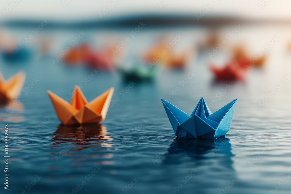 Several colorful paper boats drift serenely on a water surface, evoking feelings of tranquility, imagination, and creativity in a peaceful, dreamy setting.