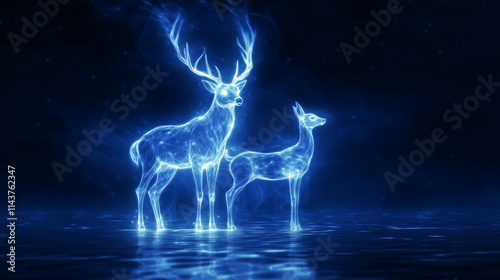 A pair of ethereal deer, illuminated by a celestial glow, stand gracefully on a reflective surface.