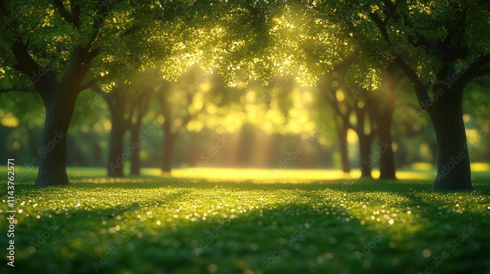 Naklejka premium Sunlit green grass in a forest with trees.