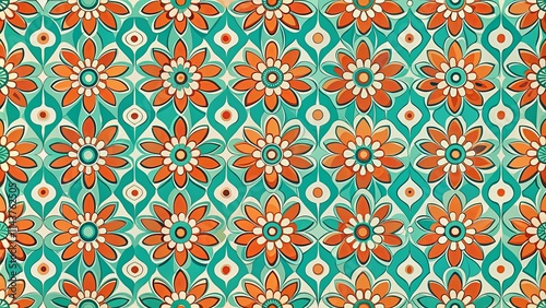 Vibrant Retro Floral Pattern with Teal and Orange Hues Featuring a Repeating Design Ideal for Textile and Wallpaper Applications