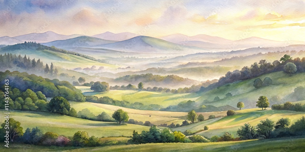 Serene Sunrise Over Rolling Hills and Misty Valleys Serene Sunrise Over Rolling Hills and Misty Valleys
