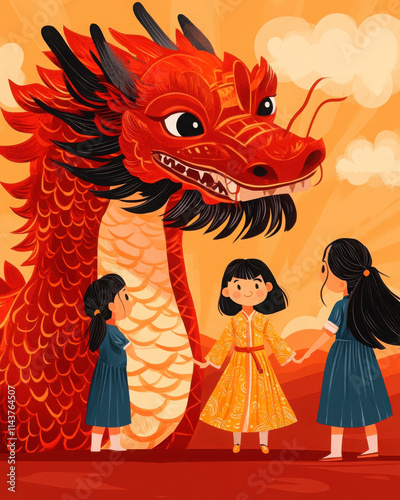 Children interacting with a majestic red dragon in a vibrant scene.