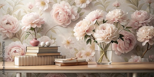 Fototapeta Naklejka Na Ścianę i Meble -  Elegant pastel pink peonies in a glass vase on a table with books and decorative eggs against a floral backdrop.