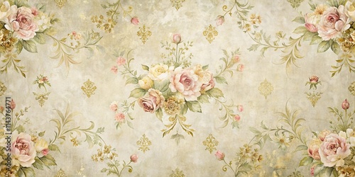 Elegant Vintage Floral Pattern with Antique Roses and Gold Accents on Textured Background