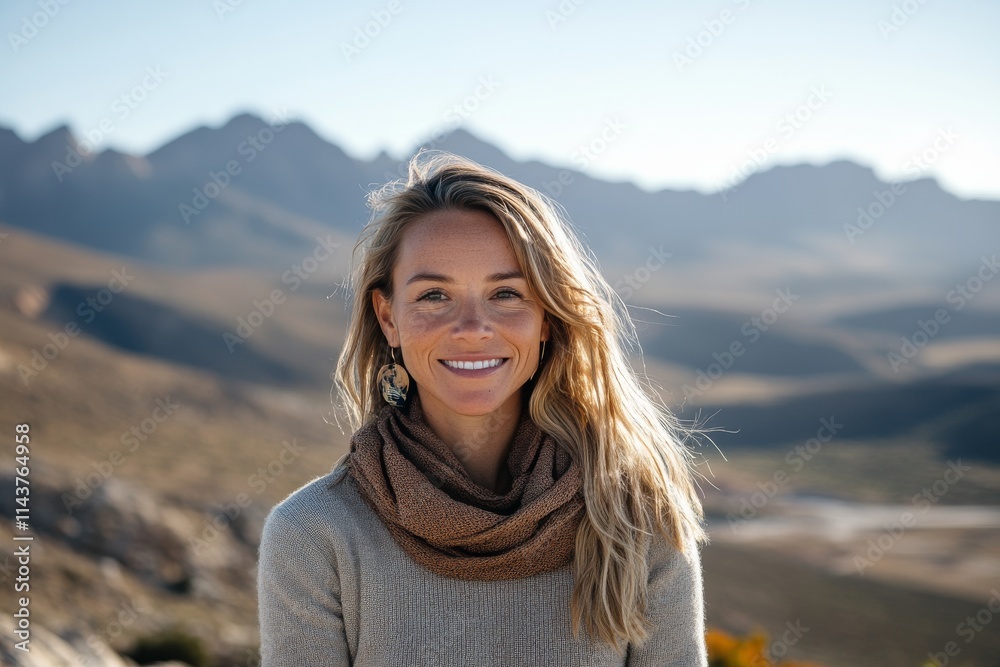 A woman wearing a comfortable sweater and scarf smiles against a backdrop of arid mountains and a clear sky, exuding warmth and serenity in the scene. A woman wearing a comfortable sweater and scarf smiles against a backdrop of arid mountains and a clear sky, exuding warmth and serenity in the scene.