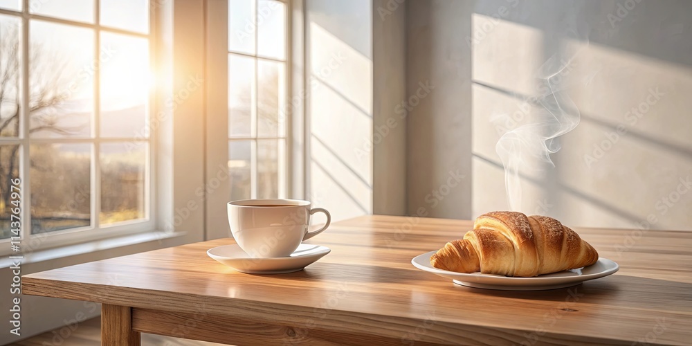 Warm morning sunlight streams through a window onto a wooden table, illuminating a steaming cup of coffee and a fresh croissant. Warm morning sunlight streams through a window onto a wooden table, illuminating a steaming cup of coffee and a fresh croissant.