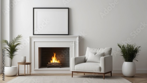 Modern Living Room Fireplace Setting With Plants And Armchair