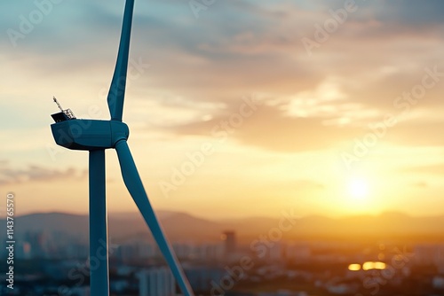 A towering wind turbine stands against a vibrant sunset with a cityscape in the background, symbolizing renewable energy and sustainable urban development.