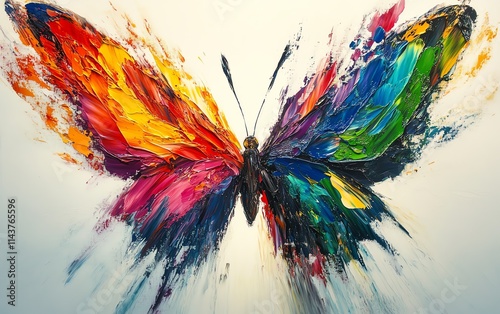Abstract painting of a butterfly with vibrant, colorful wings, dynamic splashes of paint on canvas, fluid brushstrokes, bold, artistic design, modern and expressive style