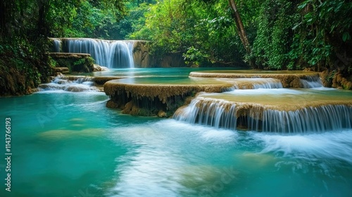 Serene Multi-Tiered Waterfall in Lush Tropical Forest