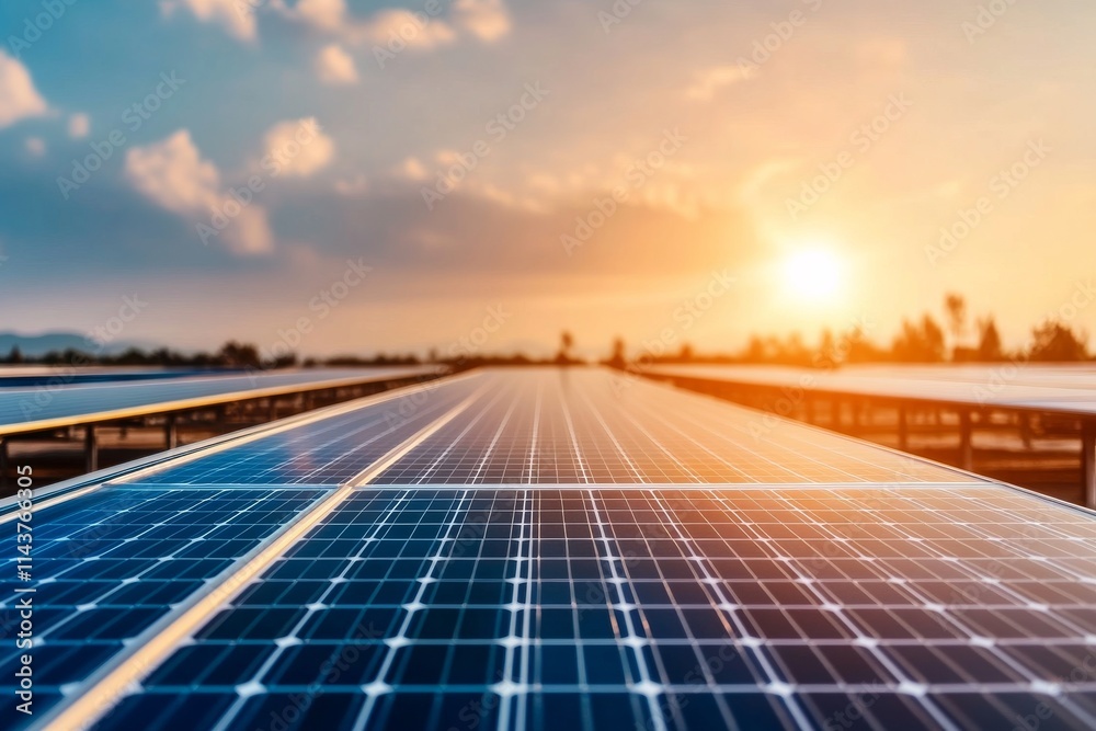 custom made wallpaper toronto digitalA row of solar panels against a serene sunset sky, symbolizing renewable energy and sustainability, capturing the sun's power for electricity in a peaceful scene.