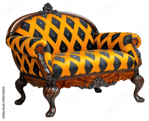 Elegant loveseat with intricate upholstery in vibrant orange and black photo