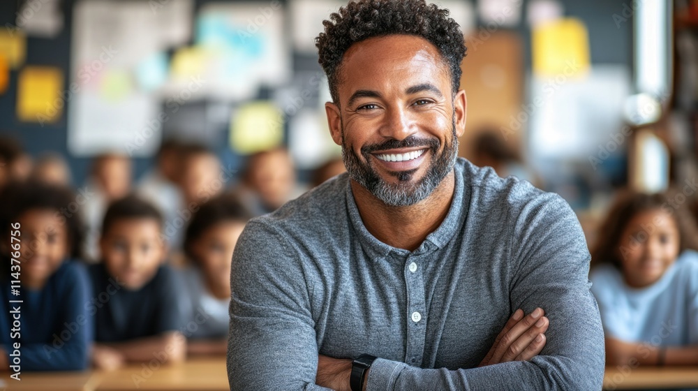 Fototapeta premium Smiling teacher with students in a classroom setting.