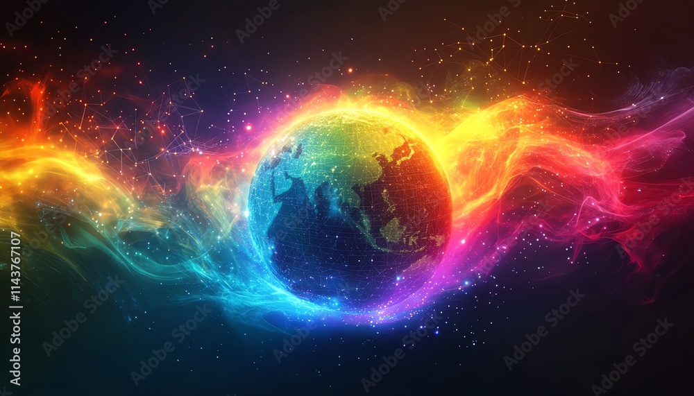 Obraz premium Global business concept 3D illustration, interconnected globe with flowing information transfer lines, digital connections across continents, vibrant colors, futuristic design