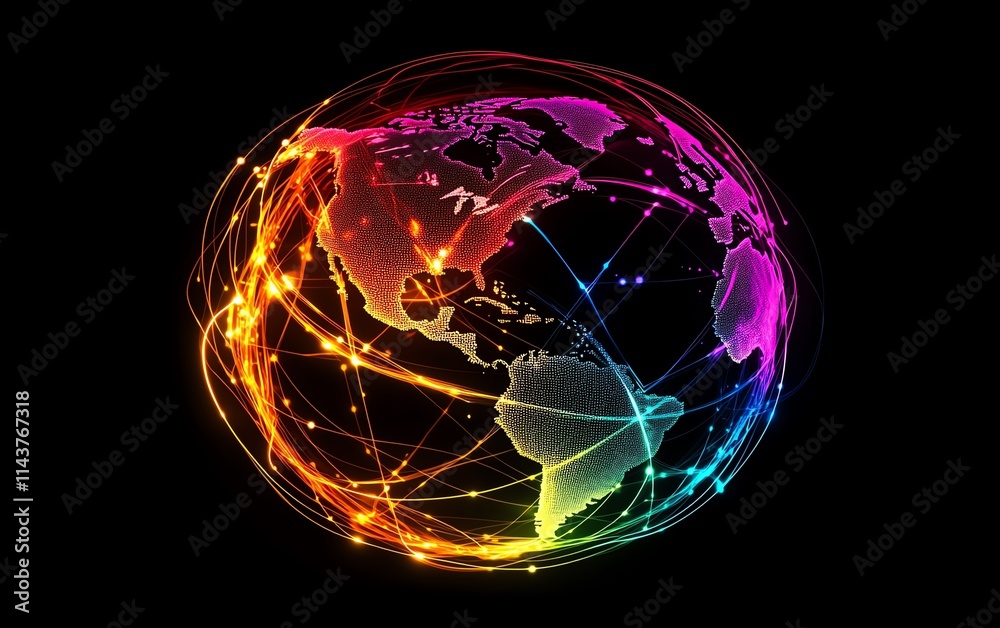 Global business concept 3D, world globe with dynamic data lines representing worldwide communication and information transfer, interconnected continents, modern digital design