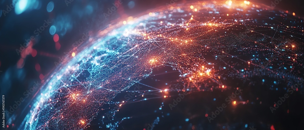 Global business concept in 3D, interconnected globe with vibrant information transfer lines linking countries, digital network, futuristic and dynamic design Global business concept in 3D, interconnected globe with vibrant information transfer lines linking countries, digital network, futuristic and dynamic design