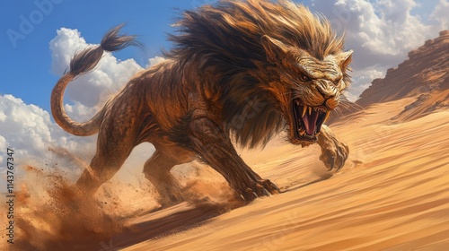 Majestic Lion Charging Across Sandy Desert Landscape photo