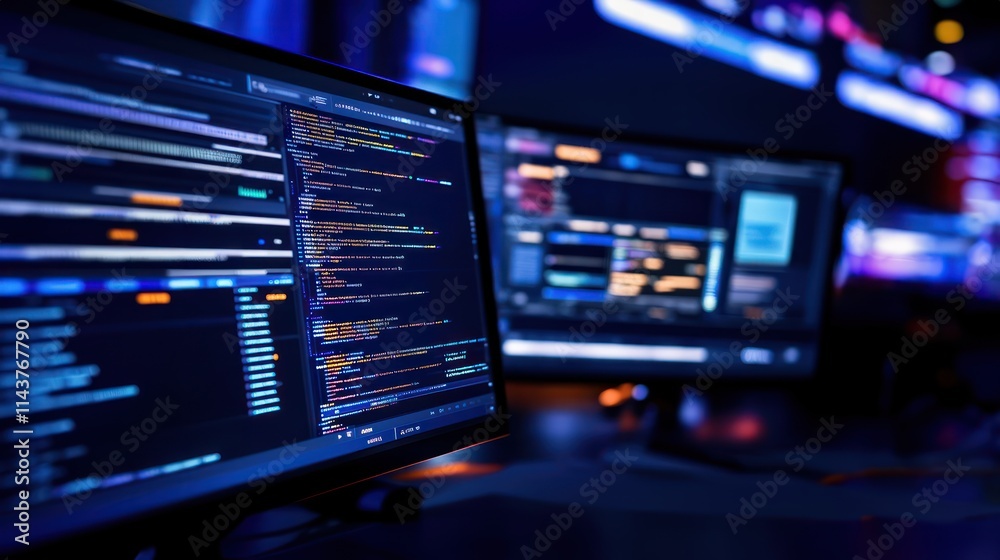 Closeup of a digital computer screen displaying lines of programming code, coding skills, online programming, programming workshops Closeup of a digital computer screen displaying lines of programming code, coding skills, online programming, programming workshops
