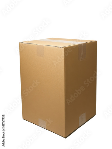 A large cardboard parcel box with a clean, brown kraft paper finish, isolated on a transparent background. Ideal for shipping, storage, and packaging-related concepts.