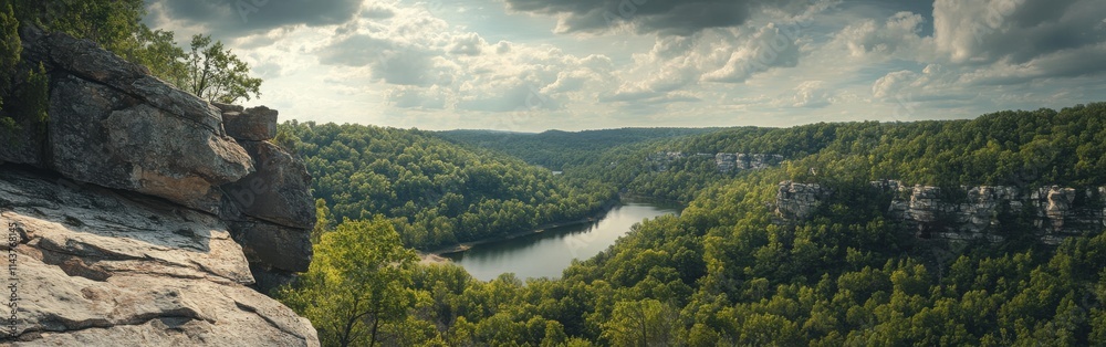 A breathtaking panoramic view of the lush Ha Ha Valley showcasing the serene river and vibrant greenery under a cloudy sky A breathtaking panoramic view of the lush Ha Ha Valley showcasing the serene river and vibrant greenery under a cloudy sky